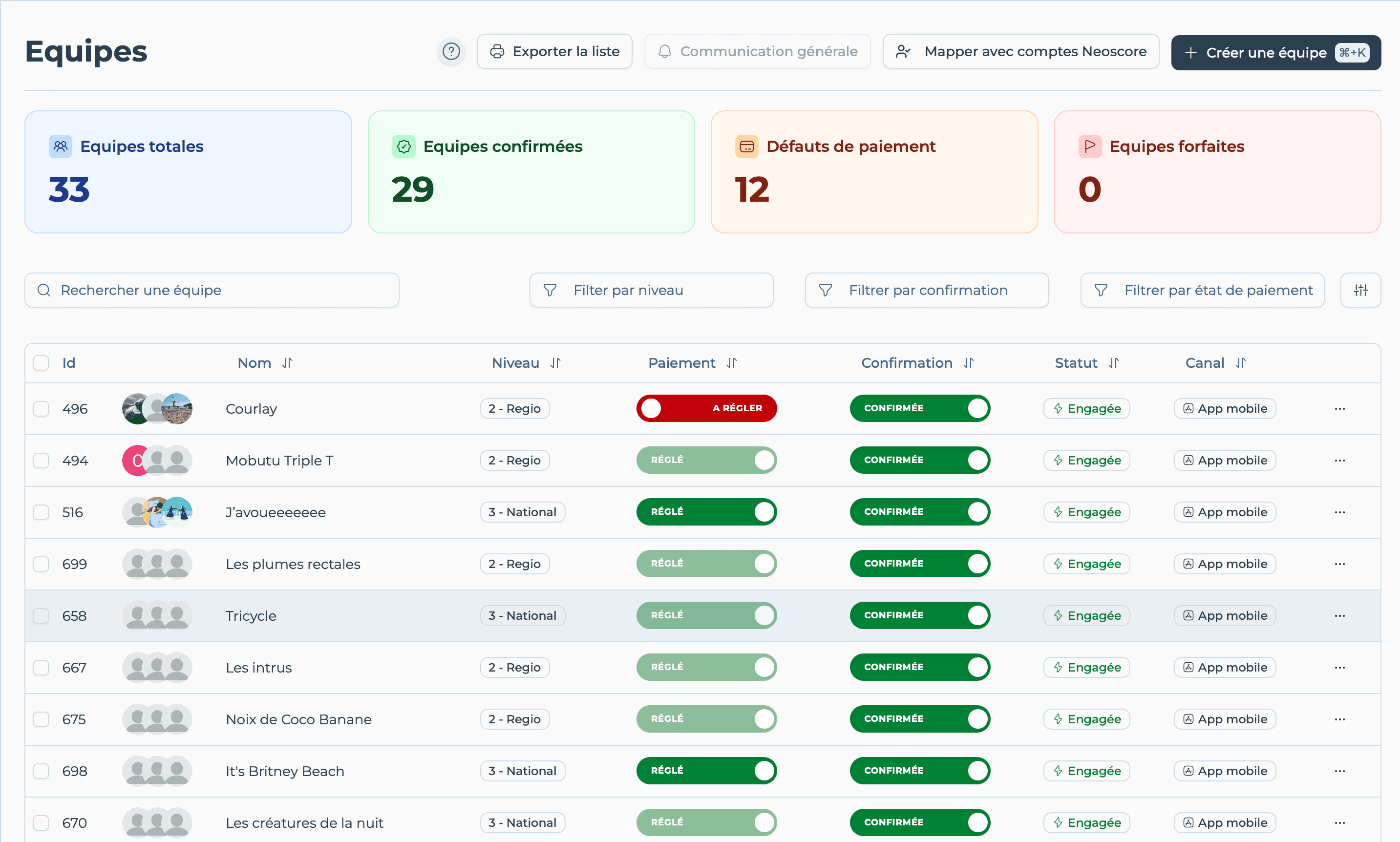 Neoscore Manager - Gestion des équipes et inscriptions en ligne